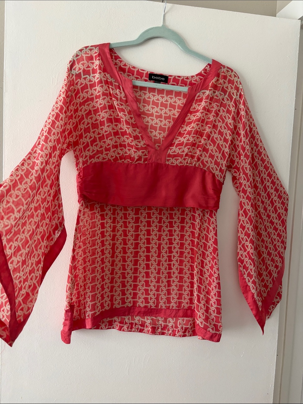 bebe Coral Pink Geo Print V-Neck Sheer SILK Blouse- I have had this for 24 years